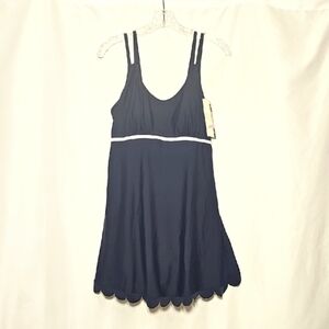 NWT Dokotoo Navy Blue Swim Dress Scalloped Hem White Trim Size L